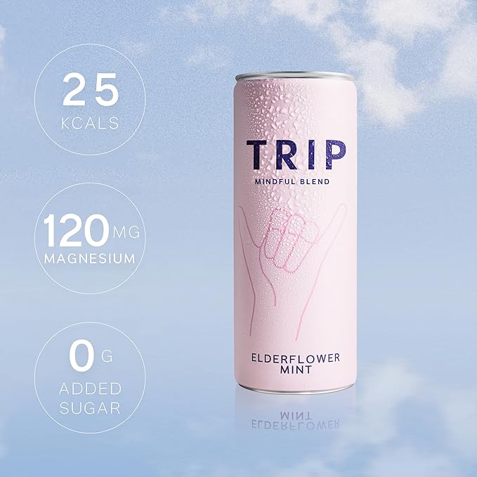 Trip Mindful Blend, Lightly Sparkling Adaptogen Seltzer, Mocktail w/ 120mg Magnesium Citrate with Ashwagandha, Lions Mane & L Theanine, No Added Sugar, Vegan, Elderflower Mint, 12 Oz, 12Pk