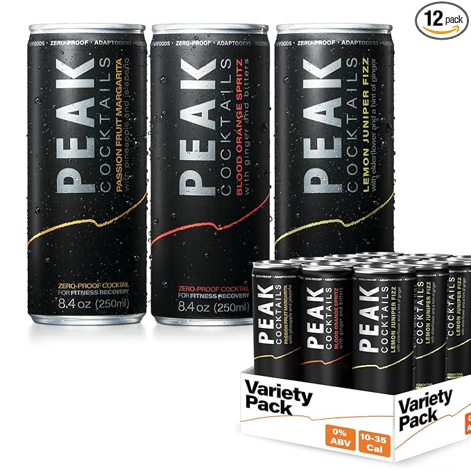 Peak Cocktails Non-Alcoholic Cocktail | Adaptogens, Nootropics, Superfoods for Recovery, Calm, Sleep | Ashwagandha, Tart Cherry, L-Theanine | Mixologist-crafted | 8.4 oz, 12-Pack Variety Pack