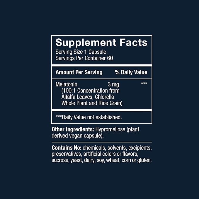 3mg - The First Natural Plant Melatonin Adult Sleep Aid, Circadian Rhythm Support for Jet Lag, Shift Work, General Sleeplessness - 120 Pure Vegan Capsules (120 Day Supply)