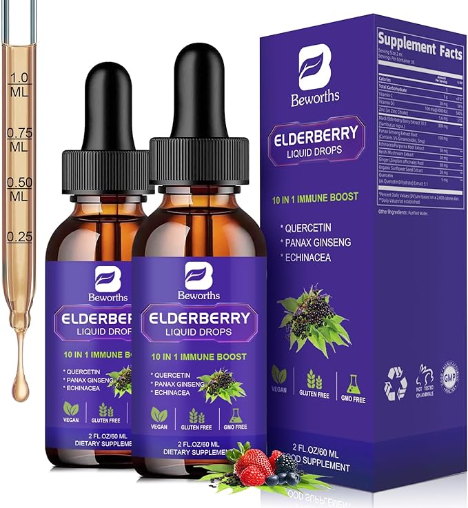 2 Pack Elderberry Syrup, Black Elderberry Drops with Quercetin, Panax Ginseng, Vitamin C and Zinc, Sambucus Elderberry Syrup Liquid for Immune Support, Vegan, Non-GMO & Gluten Free