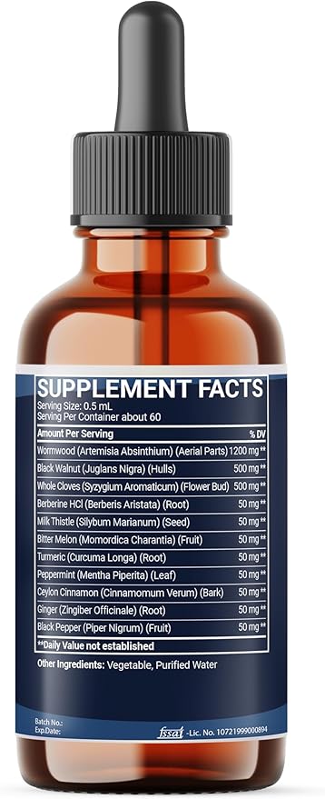 Wormwood Liquid Drops. Combined to Black Walnut, Whole Cloves, Berberine, Milk Thislte, Bitter Melon and 5 More Herbs. 11-in-1 Wormwood Liquid Drops - 60 Days Supply