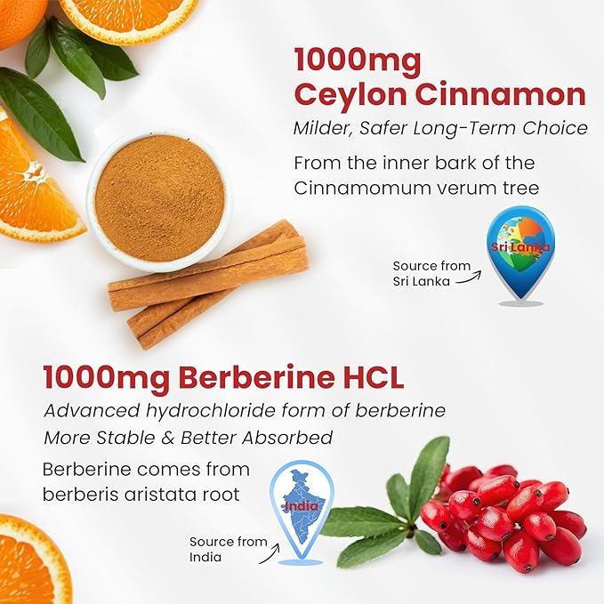 Sugar Free Ceylon Cinnamon Berberine Gummies 2000mg Max Strength Complex Supplement with Bitter Melon, Chromium & Magnesium Glycinate, Organic Berberine HCL Cinnamon Gummy Supplements, Vegan, 120Cts