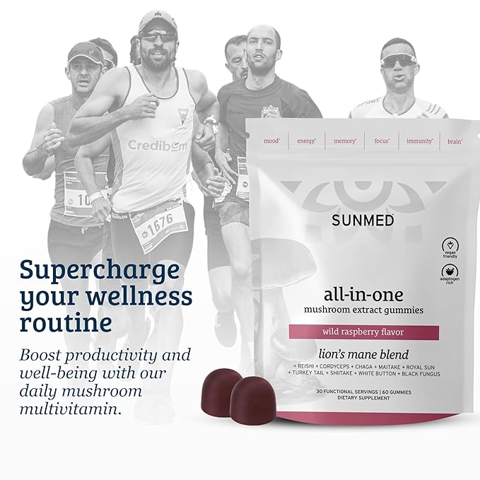All-in-One Mushroom Gummy Supplements for Focus, Energy, Mood & Immune Support – 10 Functional Mushrooms (Lion’s Mane, Reishi, Cordyceps, Chaga) | Wild Raspberry Flavor, 60ct