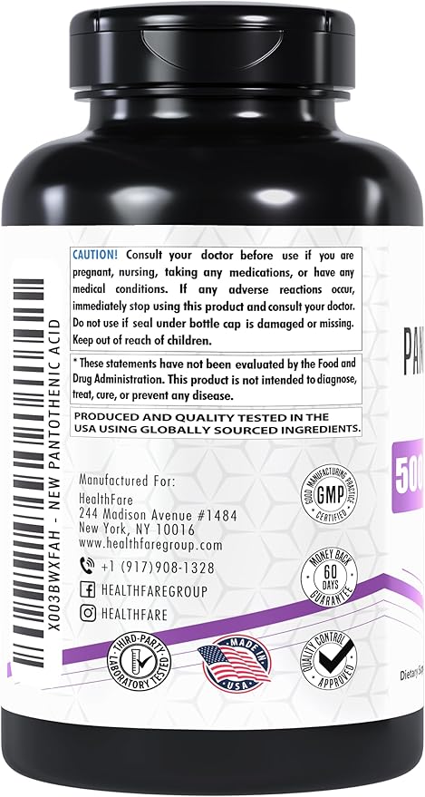 Pantothenic Acid 500mg | 200 Veg Capsules | Supports Energy Levels | Skin & Hair Health | Non-GMO | Made in The USA