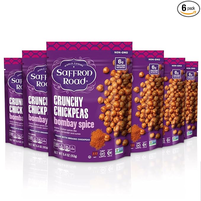 Saffron Road Roasted and Crunchy Bombay Spice Chickpeas | High Protein Snacks | Gluten-free, Vegan, Non-GMO, and Certified Halal and Kosher | 5.4oz Pouch | Pack of 6