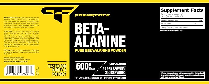 Primaforce Beta Alanine Powder 500 Grams (1.1lbs) Unflavored - Pre Workout and Post Workout Supplement