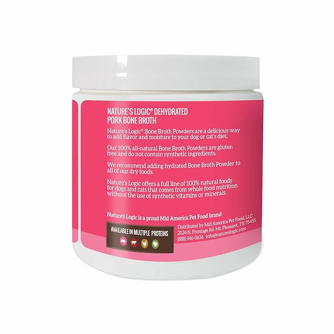 Nature's Logic Dehydrated Bone Broth Powder - 100% Natural Dog & Cat Topper - Rich in Glucosamine & Chondroitin - Boosts Immune System - Gluten-Free, No Synthetic Ingredients – Pork, 6oz