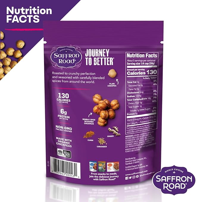 Saffron Road Roasted and Crunchy Bombay Spice Chickpeas | High Protein Snacks | Gluten-free, Vegan, Non-GMO, and Certified Halal and Kosher | 5.4oz Pouch | Pack of 6