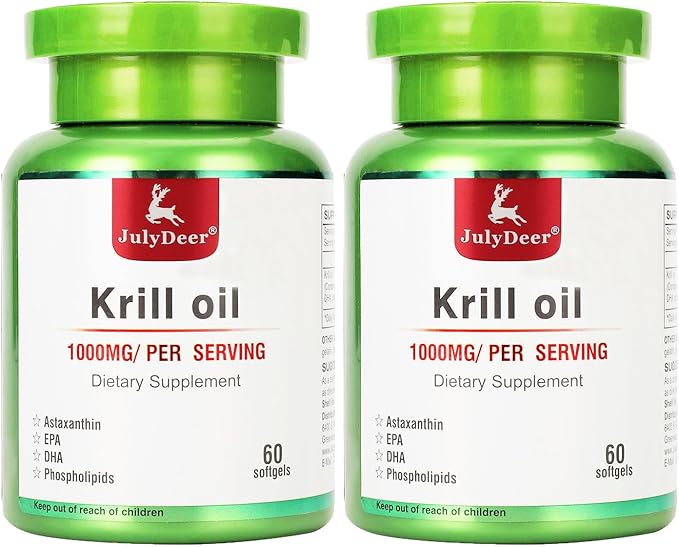 2 Bottles Antarctic Krill Oil 1000 mg with Omega-3s EPA, DHA, Astaxanthin and Phospholipids 60 Softgels Supplement No Fishy Aftertaste for Joint, Heart, Brain and Immunity - 120 Softgels