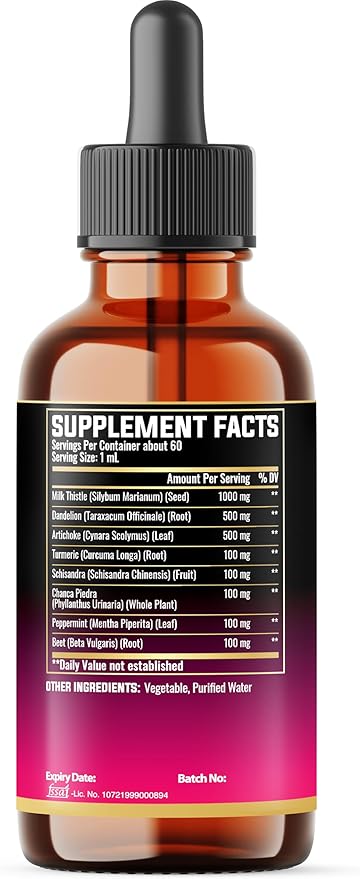 8in1 Milk Thistle Liquid Drops with Dandelion Root Extract, Artichoke Tincture, Turmeric Curcumin, Schisandra Berry, Chanca Piedra, Peppermint and Beet Root - 60 Days Supply - 2 Fl Oz