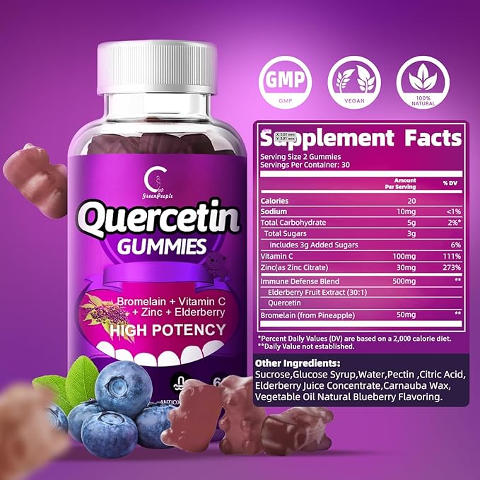 Quercetin Gummies - Quercetin with Bromelain, Vitamin C, Zinc & Elderberry, Extra Strength Immune System Booster, Lung Support Supplement for Adults Kids - 60 Quercetin Gummies (2 Pack)
