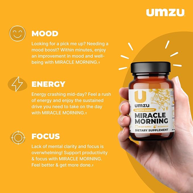 UMZU Miracle Morning Energy Supplement with Caffeine & Energy Enhancers | 150mg of Caffeine Supports All Day Focus, Productivity & Mood (30 Day Supply | 30 Capsules)