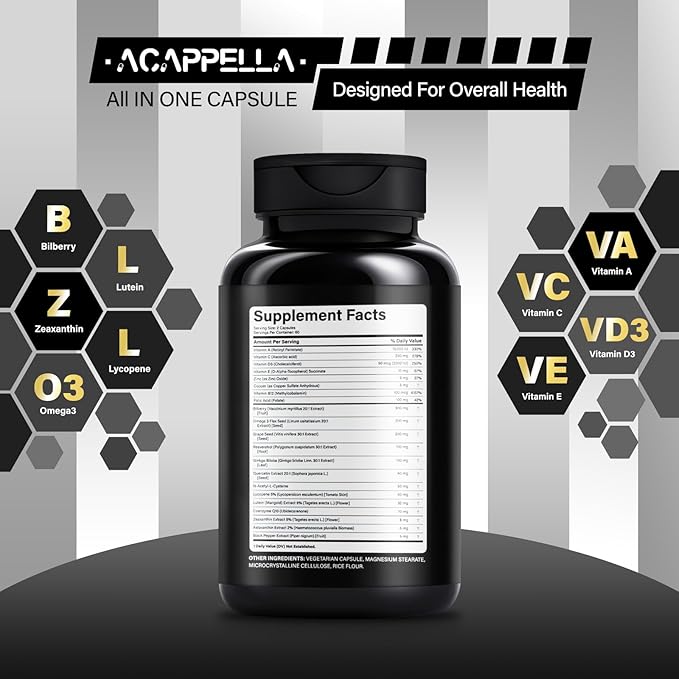 ACAPPELLA Bilberry Lutein Zeaxanthin Lycopene Omega-3 Grape Seed Extract Resveratrol Capsule Bilberry Supplement for Eyes with Multivitamins (1)