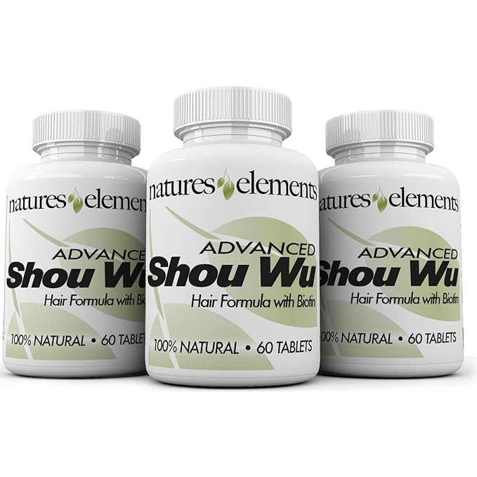 Natures Elements Advanced Shou Wu for Gray Hair – Prepared He Shou Wu for Hair Growth with Biotin, Bioperine, Fo-Ti Root & More – 100% Natural – 60 Tablets – Pack of 3 - Non-GMO, Gluten-Free