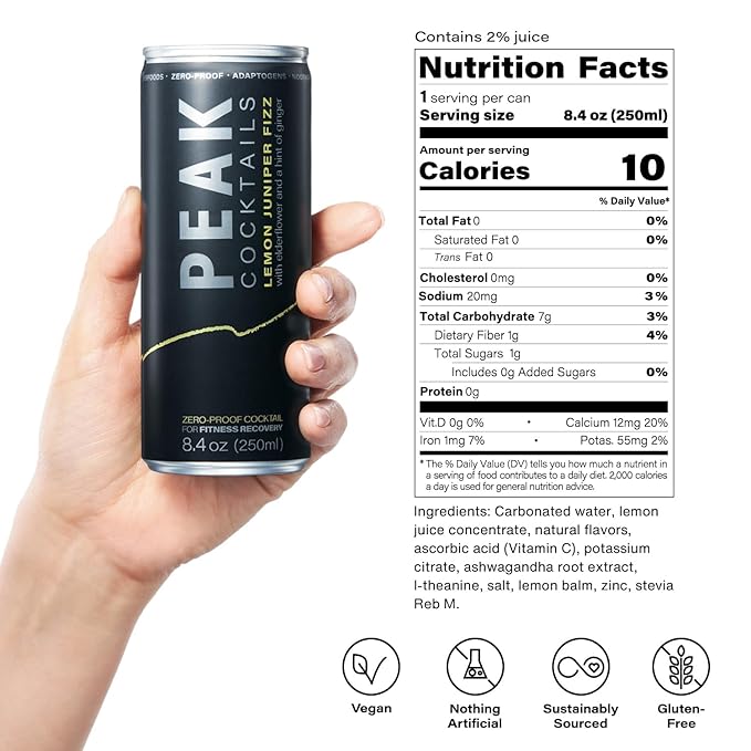 Peak Cocktails Non-Alcoholic Cocktail | Adaptogens, Nootropics, Superfoods for Recovery, Calm, Sleep | Ashwagandha, Tart Cherry, L-Theanine | Mixologist-crafted | Lemon Juniper Fizz | 8.4 oz, 12-Pack