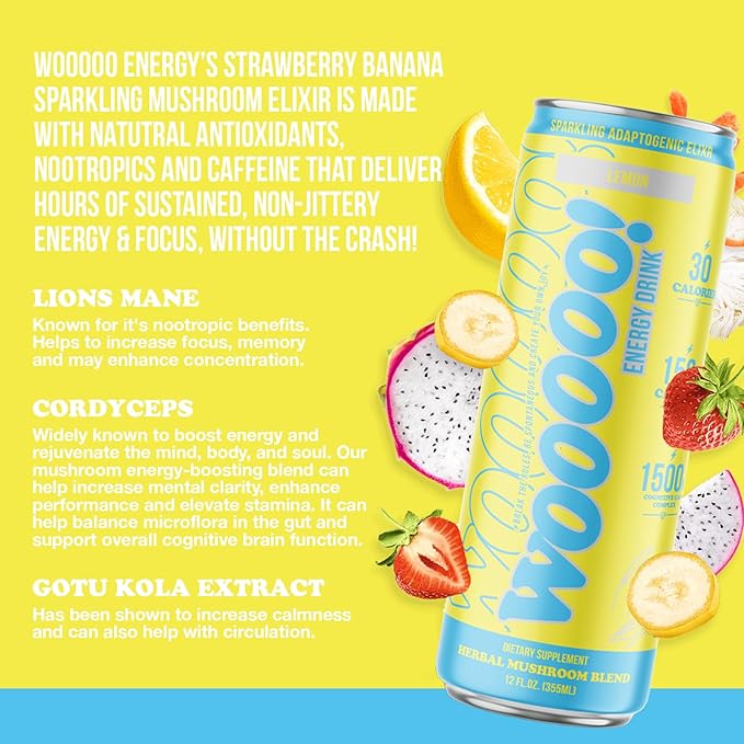 Wooooo! Energy Ric Flair Sparkling Adaptogenic Mushroom Energy Drink | Natural Antioxidants & Nootropics | Lion’s Mane & Cordyceps | 150mg Caffeine | 12 Pack (Lemon)