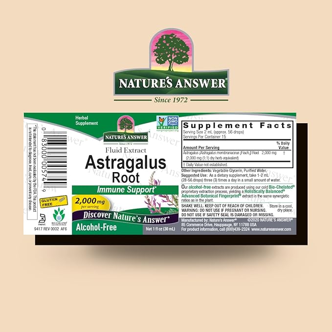 Nature's Answer Astragalus Root Alcohol Free Herbal Supplement 1 Ounce ( 2 Pack ) | Immune Support | Promotes Cardiovascular Health | Natural Stress Reliever