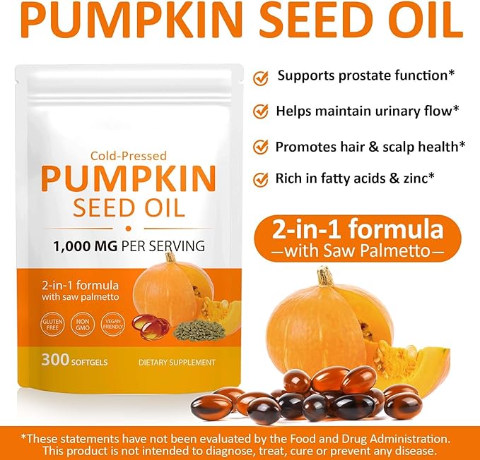 300PCS Pumpkin Seed Oil Capsules,2 in 1 Pumpkin Seed Oil with Saw Palmetto for Hair Growth, Skin Supplement, Support Prostate,Cold Pressed, Heart, | Non-GMO | Gluten Free