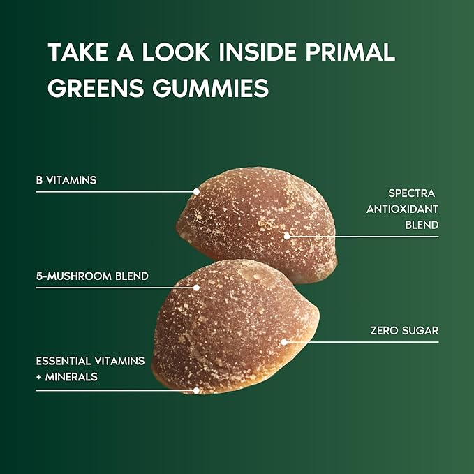 Primal Harvest Super Greens Gummies, Superfood Blend with Adaptogenic Mushrooms Vitamins & Nutrient-Rich Minerals & Antioxidants for Energy & Immune Support (1 Pack (60 Count), Berry)