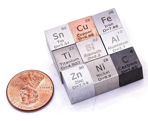 Acrylic Periodic Table Science Education Collection Bracket for Element Cubes + 9pcs 0.39" 10mm Engraved Density Up to 99.99% Pure Metal - Aluminium Bismuth Carbon Copper Iron Nickel Zinc Titanium Tin