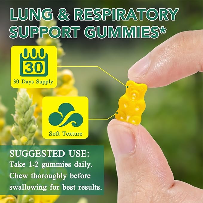 2 Pack Mullein Gummies for Lung Detox, Mullein Herbal Supplement, 2000mg Mullein Leaf Extract for Respiratory & Digestive & Immune Support