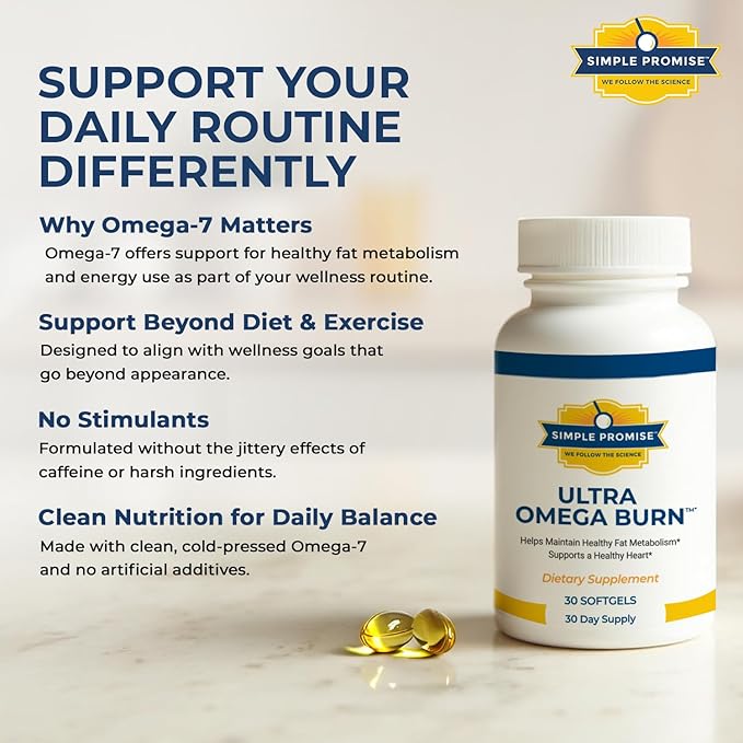 Simple Promise Ultra Omega Burn - Omega-7 Supplement with Pure Palmitoleic Acid - Fish Oil for Metabolism, Weight Support & Cardiovascular Health - Healthy Heart Support for Men & Women | 30 Softgels