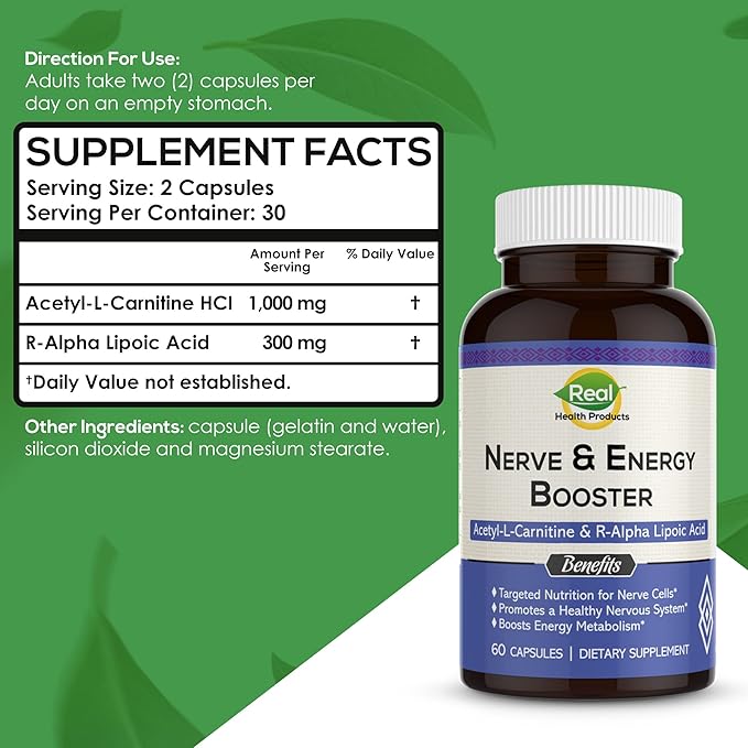 ALA Supplement - R-Alpha Lipoic Acid 300mg & Acetyl L-carnitine 1000mg - Nerve & Energy Booster for Nerve, Cardiovascular, Cognitive Function & Antioxidant Support, 60 Capsules, 30 Days Supply