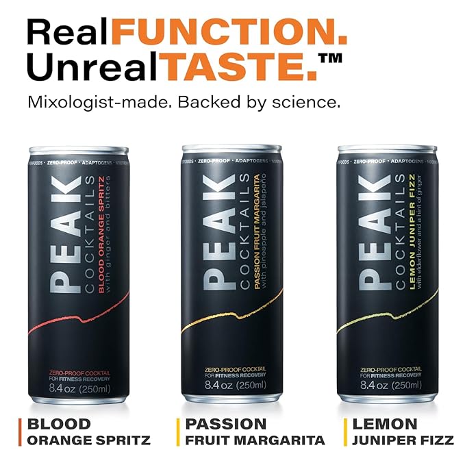 Peak Cocktails Non-Alcoholic Cocktail | Mixologist-made | Adaptogens, Nootropics, Superfoods for Recovery, Calm, Sleep | Ashwagandha, Tart Cherry, L-Theanine | Passion Fruit Margarita | 8.4oz, 12-Pack