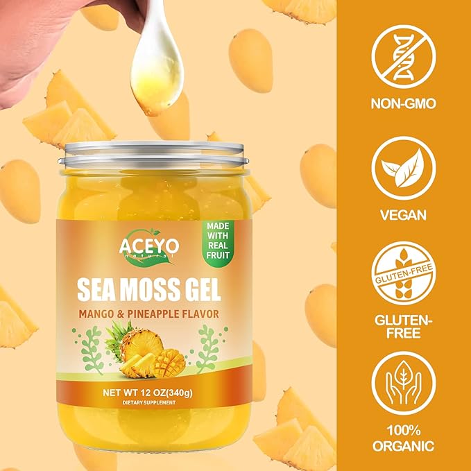 ACEYO (12 OZ) Irish Sea Moss Gel Raw Vegan Mango Pineapple Flavor 102 Vitamins and Minerals Wild Harvested Non-GMO Immune Defense Booster Thyroid Digestive Support