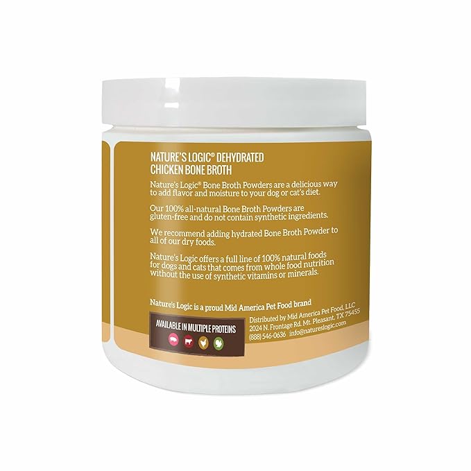 Nature's Logic Dehydrated Bone Broth Powder - 100% Natural Dog & Cat Topper - Rich in Glucosamine & Chondroitin - Boosts Immune System - Gluten-Free, No Synthetic Ingredients - Chicken, 6oz