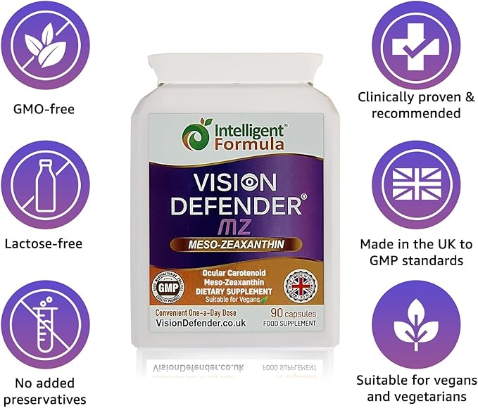 Vision Defender Meso Zeaxanthin Vegan Eye Supplement MZ- Protect and Improve Ocular Health & Eye Care, High Strength Antioxidant Carotenoid Meso-Zeaxanthin for Eyes (90 Capsules/One Daily) Made in UK