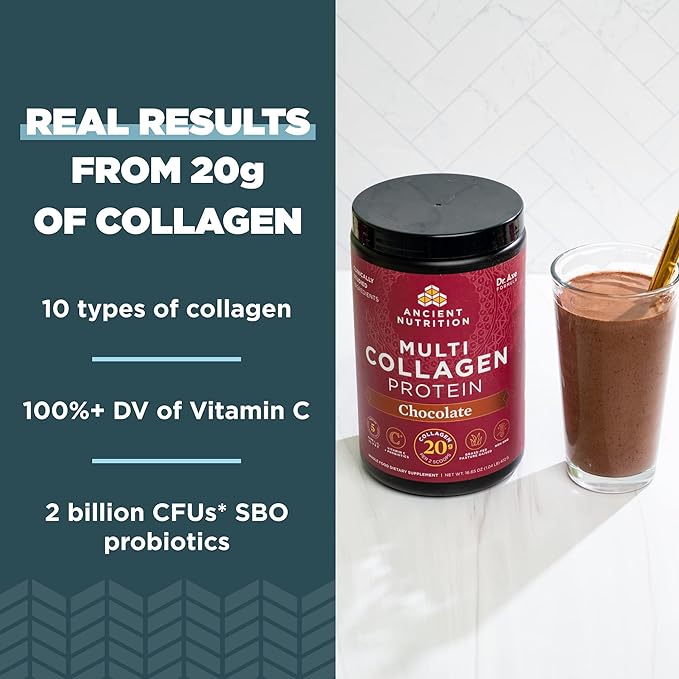 Ancient Nutrition Collagen Peptides Powder, Multi Collagen Protein, Women & Men, Vitamin C, Probiotics, Hydrolyzed Collagen, Supports Skin, Joints, Gut Health, Chocolate, 24 Servings