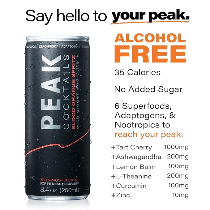 Peak Cocktails Non-Alcoholic Cocktail | Adaptogens, Nootropics, Superfoods for Recovery, Calm, Sleep | Ashwagandha, Tart Cherry, L-Theanine | Mixologist-crafted | Blood Orange Spritz | 8.4 oz, 24-Pack