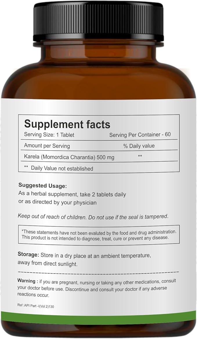 100% Natural Karela (Bitter Melon) Tablets 500mg- 60 Count, Natural Bitter Gourd Supplement, Non-GMO, Vegan, No Added Preservatives or Artificial Ingredients- 60 Count (Pack of 1)