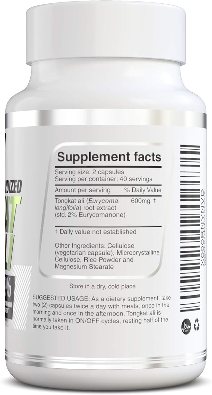 Tongkat Ali For Men Root Supplement 200:1, Standardized to 2% Eurycomanone, 1200mg, 30 Day Supply, Longjack Tongkat Ali for Men, Eurycoma Longifolia Extract Powder Capsules, Malaysian Ginseng