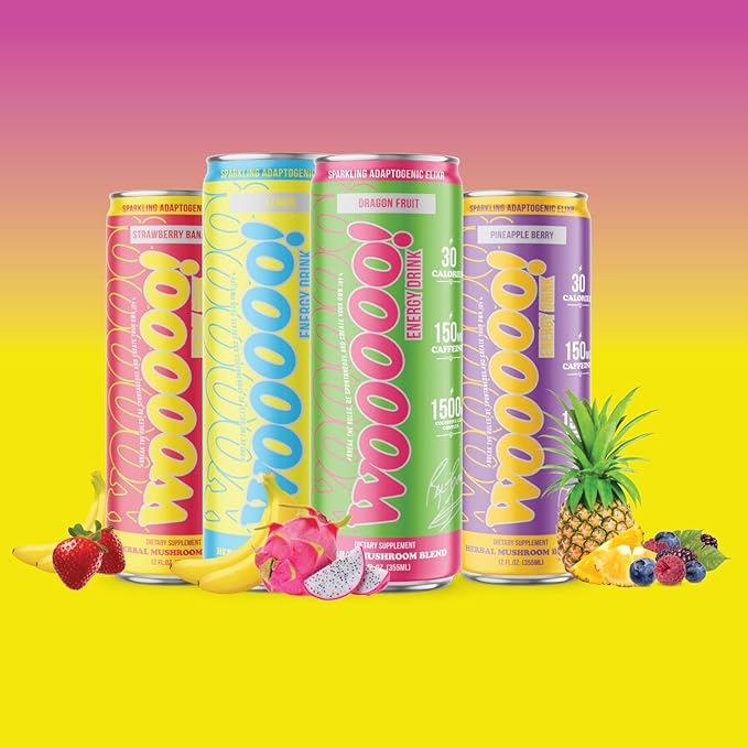 Wooooo! Energy Ric Flair Sparkling Adaptogenic Mushroom Energy Drink | Natural Antioxidants & Nootropics | Lion’s Mane & Cordyceps | 150mg Caffeine | 12 Pack (Pineapple Berry)