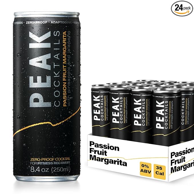 Peak Cocktails Non-Alcoholic Cocktail | Mixologist-made | Adaptogens, Nootropics, Superfoods for Recovery, Calm, Sleep | Ashwagandha, Tart Cherry, L-Theanine | Passion Fruit Margarita | 8.4oz, 24-Pack