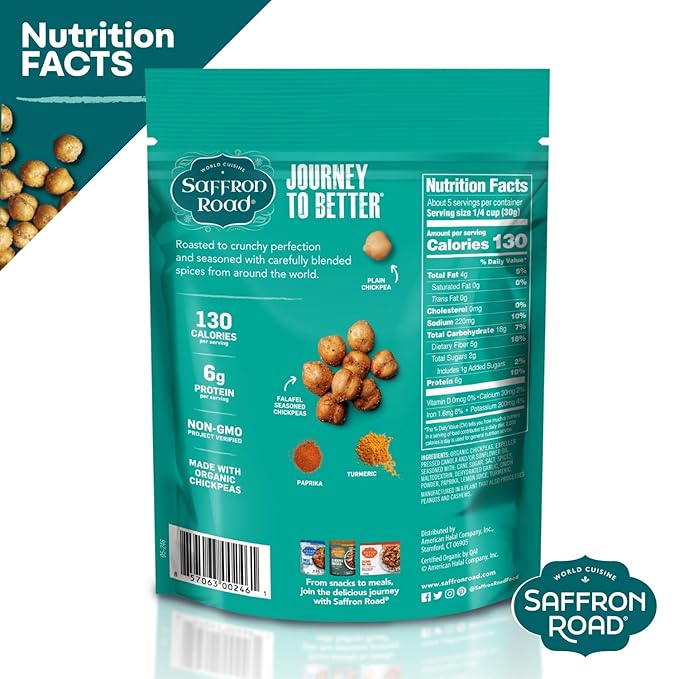 Saffron Road Roasted and Crunchy Falafel Chickpeas | High Protein Snacks | Gluten-free, Vegan, Non-GMO, and Certified Halal and Kosher | 5.4oz Pouch | Pack of 6