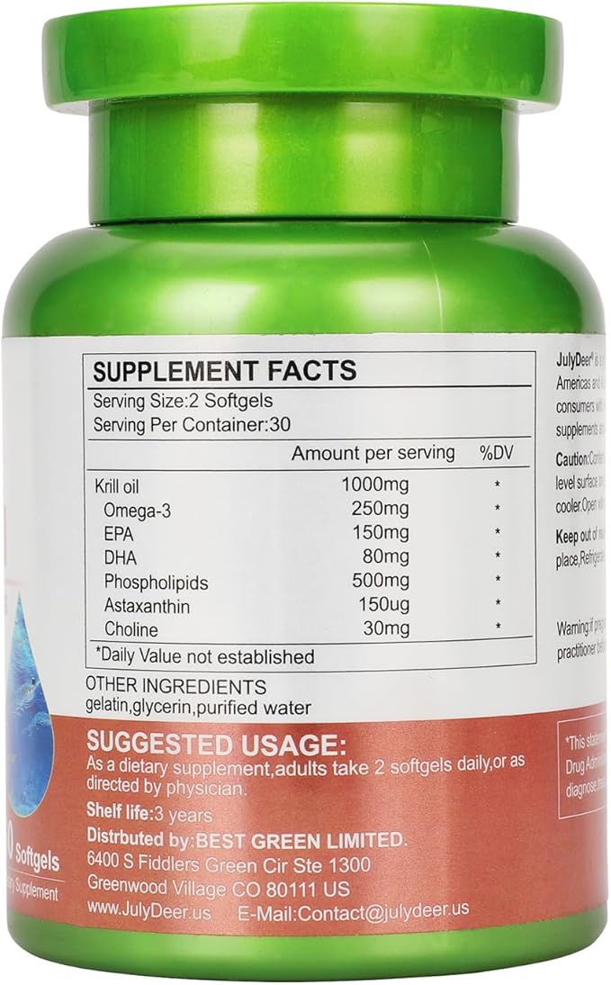 2 Bottles Antarctic Krill Oil 1000 mg with Omega-3s EPA, DHA, Astaxanthin and Phospholipids 60 Softgels Supplement No Fishy Aftertaste for Joint, Heart, Brain and Immunity - 120 Softgels