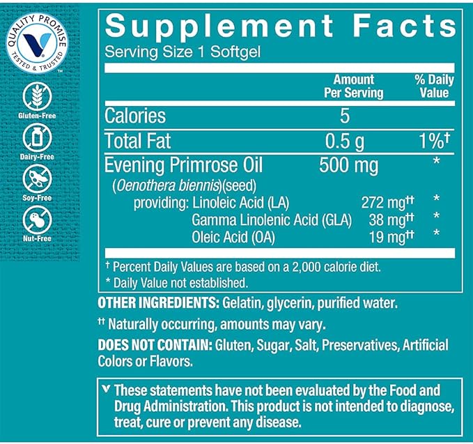 The Vitamin Shoppe Evening Primrose Oil 500MG, Natural Source of GLA (Gammia Linolenic Acid), Supplement for Women's Health & Hormonal Balance (120 Softgels)