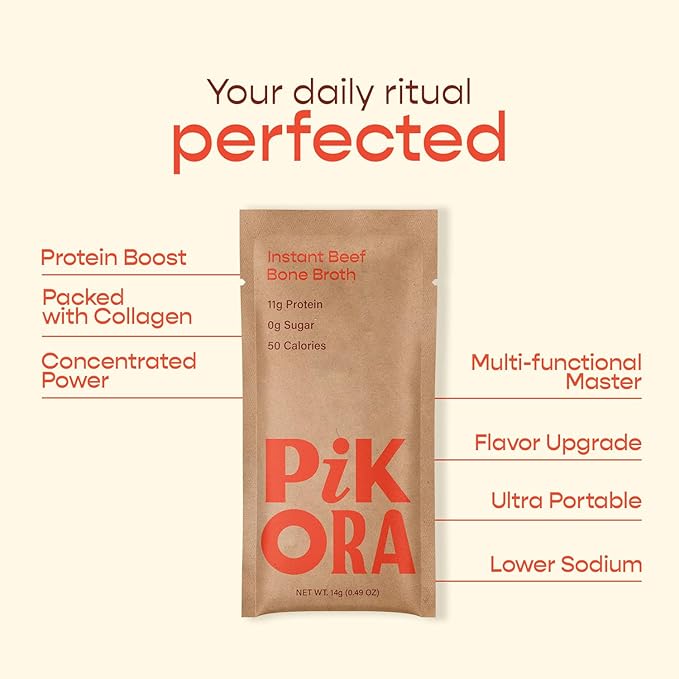 Pikora Beef Bone Broth Instant Powdered Mix (3 Pack, 12 Servings) | High-Protein, Gluten-Free, Collagen-Rich, No Sugar, Keto & Paleo Friendly | 11g Protein, 50 Calories per Serving