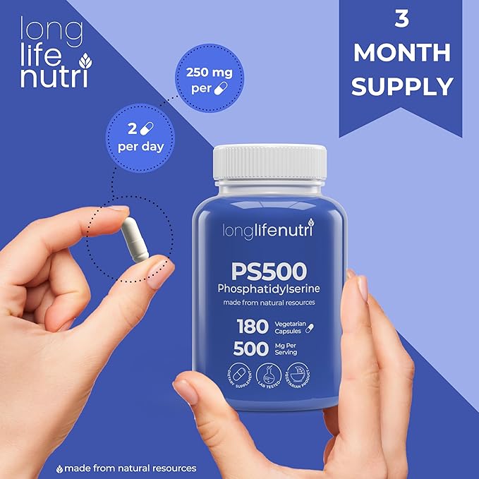 Phosphatidylserine Pure 500mg – 180 Vegetarian Pills, 3-Month Supply, Supplement for Strengthening Memory, Focus & Cognitive Function, Made in USA, Lab Tested, Soy Free, Non GMO