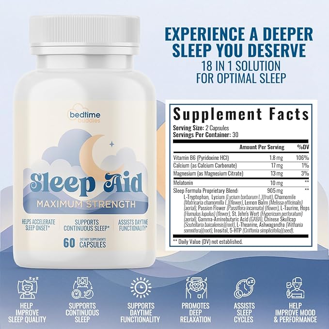All in One Sleep Aid for Adults | Complete Sleep Support & Non-Habit Forming | Max Strength w/Melatonin, Magnesium, Lemon Balm & 15 Sleep-Promoting Ingredients – 3rd Party Tested | 60 Caps