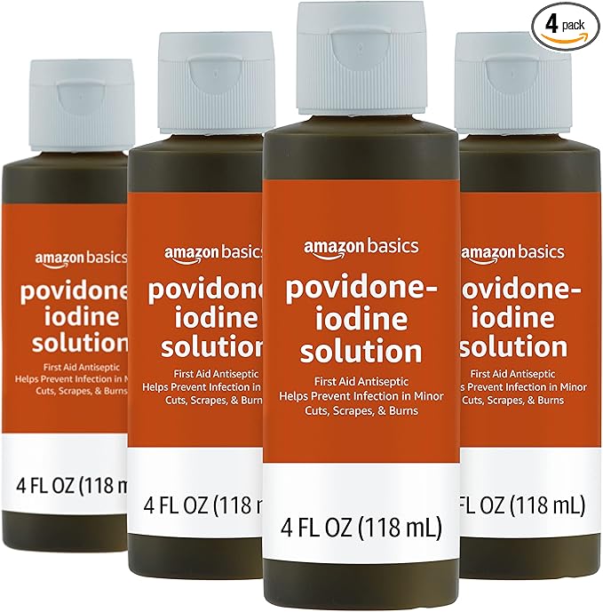 Amazon Basics First Aid Antiseptic, 10% Povidone Iodine Solution, 4 Fluid Ounces, 4-Pack (Previously Solimo)