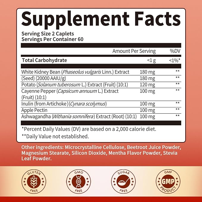 White Kidney Bean Extract, 6 In1 Complex - Cayenne Pepper, Ashwagandha, Apple Pectin, Inulin, Potato Extract for High Absorption, 120 PCS