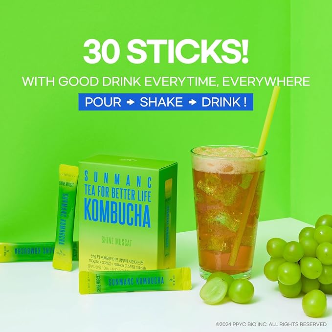 SUNMANC Kombucha 30 packets, Sparkling Probiotic Fermented Drink, Convenient Powdered Drink Mix, Tea Powder, Low Calories, Sugar 0g, Low Caffeine (Shine Muscat)