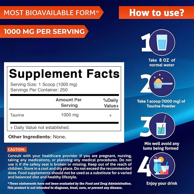 Vitamatic Pure Taurine 1000mg 250 Servings - Non-GMO, Gluten Free