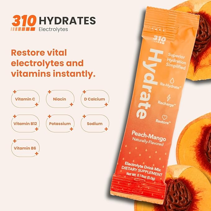 310 Hydrate Peach Mango Electrolytes Powder Packets - No Sugar Hydration Packets with Key Vitamins & Minerals - Keto Friendly - Tasty Sugar Free Electrolyte Drink - 30 Single Servings