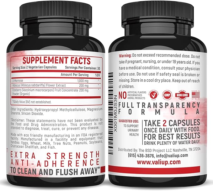 VALI D-Mannose 1000mg Urinary Tract Health Formula. Organic Cranberry Fruit Powder & Hibiscus. Healthy Bladder, Natural Cleanse, Fast Detox Flush, Herbal UT Function Support Pills. 60 Veggie Capsules