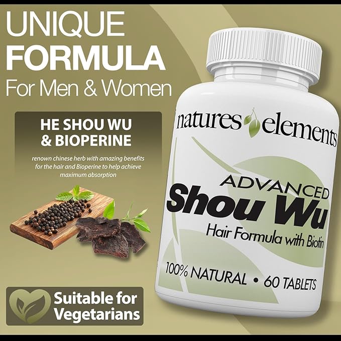 Natures Elements Advanced Shou Wu for Gray Hair – Prepared He Shou Wu for Hair Growth with Biotin, Bioperine, Fo-Ti Root & More – 100% Natural – 60 Tablets – Pack of 3 - Non-GMO, Gluten-Free
